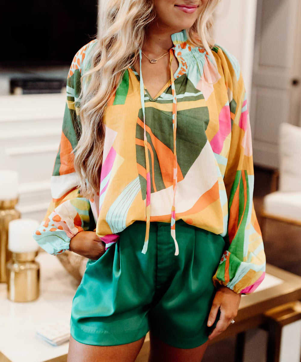 Printed Abstract Print Balloon Sleeve Notched Neck Blouse