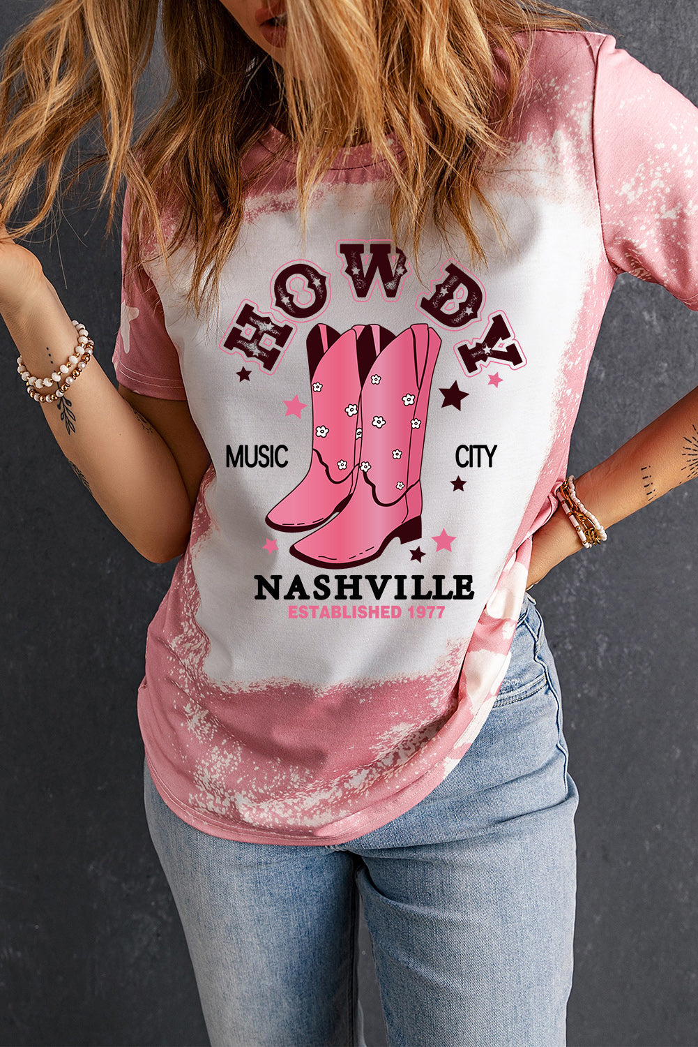 Tie-Dye Bleach Howdy NASHVILLE MUSIC CITY Graphic Tee