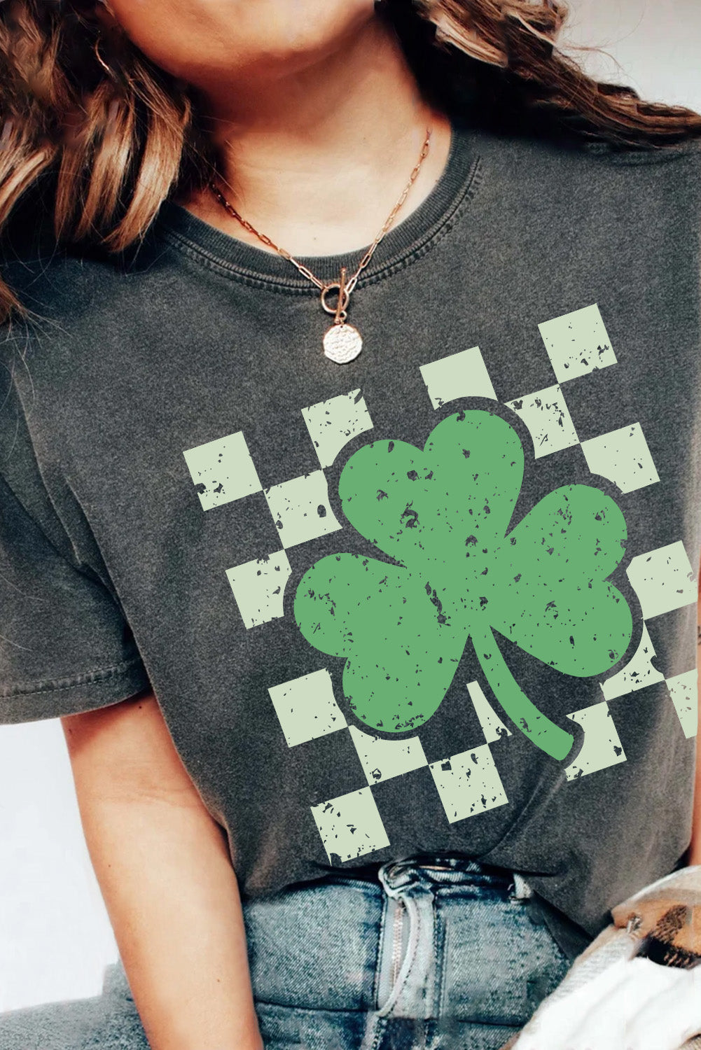 Clover Checkered Print Mineral Wash Crewneck T Shirt