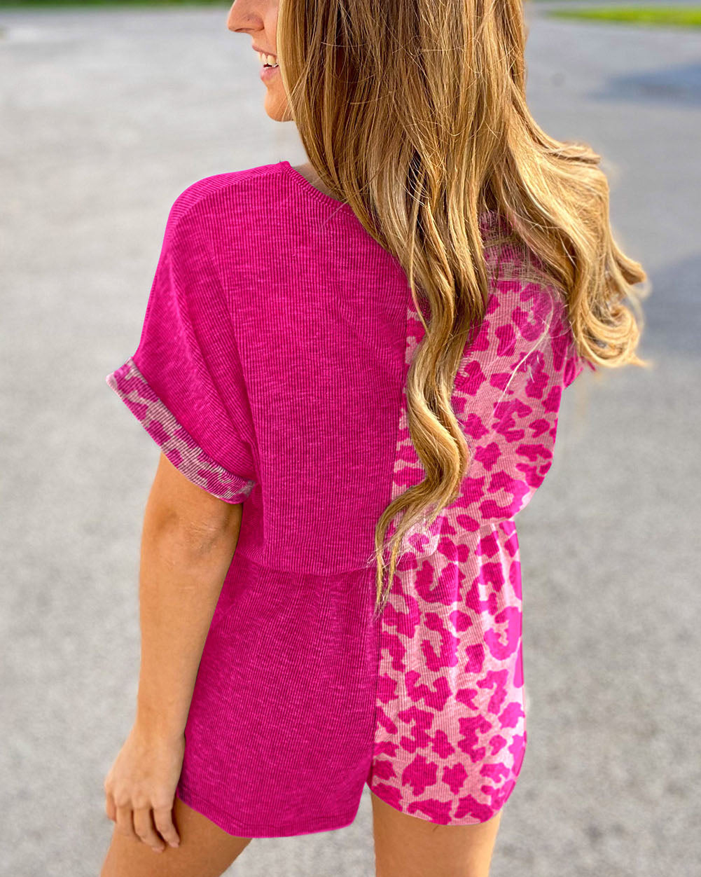 Half Leopard Print Drawstring Knit Romper