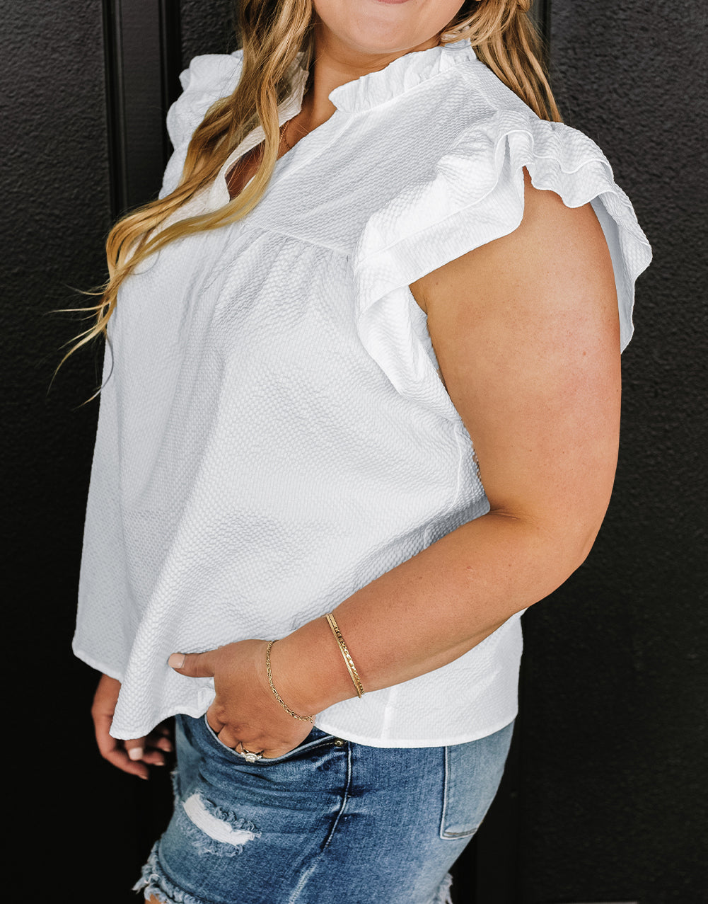 Textured Ruffled Flutter Sleeve Plus Size Blouse