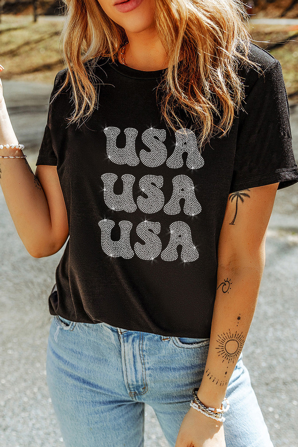 Rhinestone USA Graphic Crewneck T Shirt
