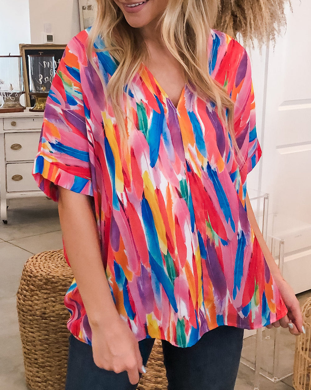 Whimsical Feather Print V Neck Blouse