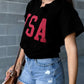 USA Lettering Patch Notched Neck Loose Tee