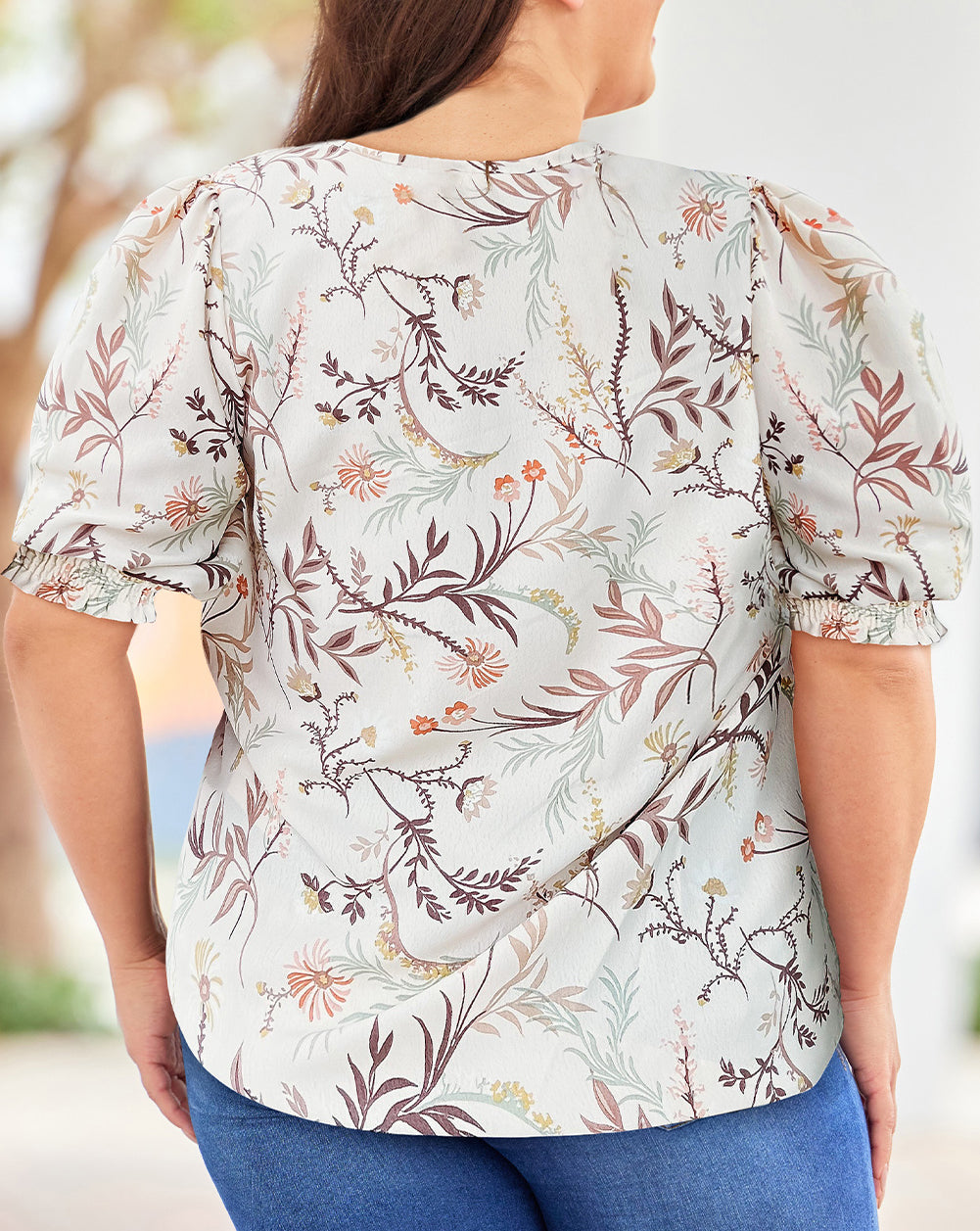 Plus Size Botanical Print Puff Sleeve Blouse