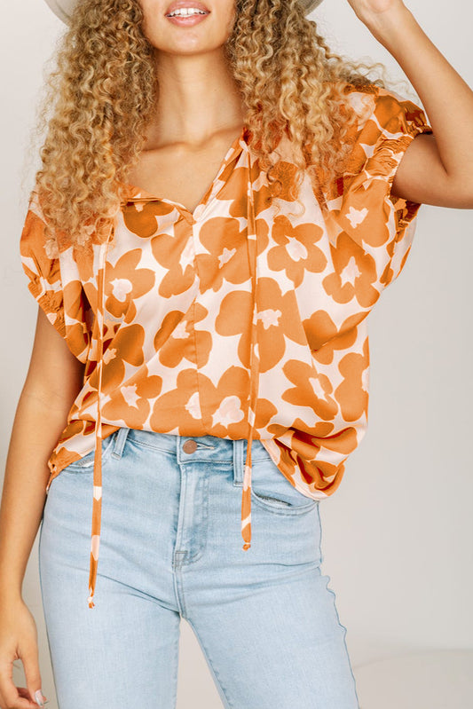 Satin Floral Puff Sleeve Tied Split Neck Top