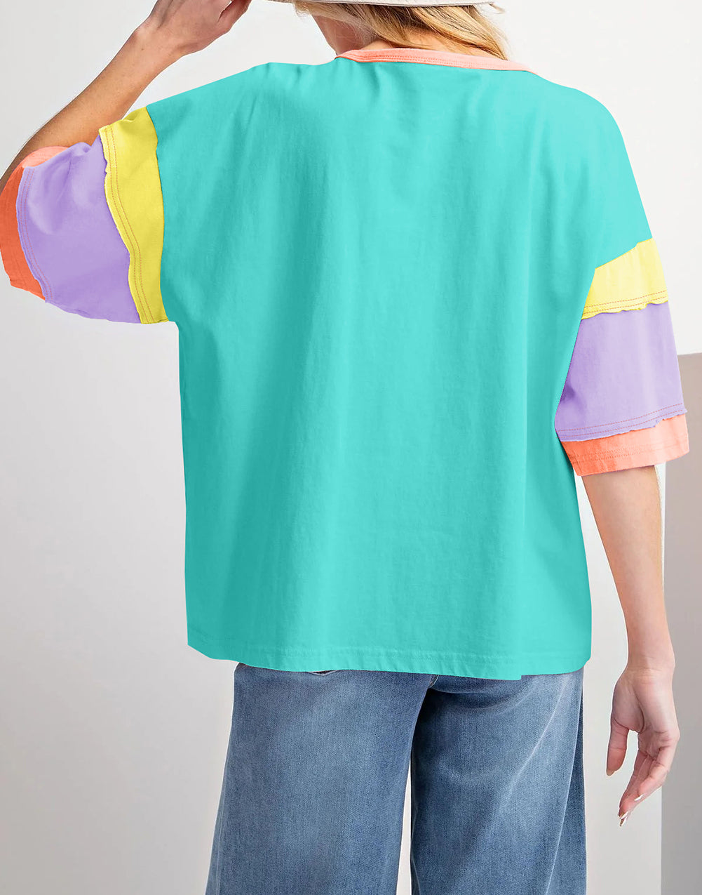 Color Block Stitching Sleeve Round Neck Oversize Top