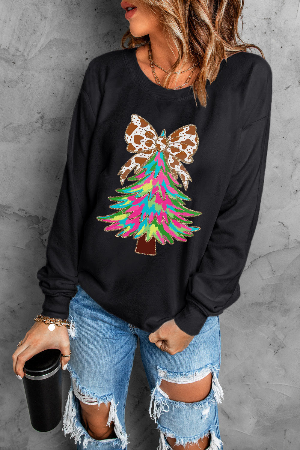 Bowknot Christmas Tree Shiny Graphic Sweatshirt