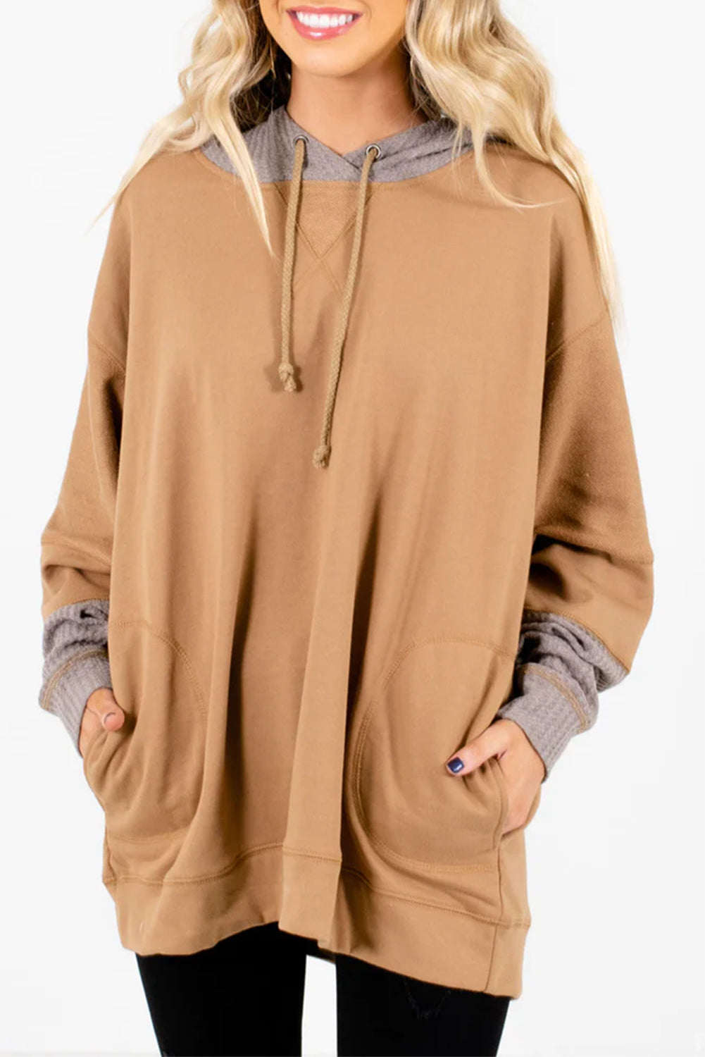 Contrast Hood Patchwork Pocketed Baggy Sweatshirt