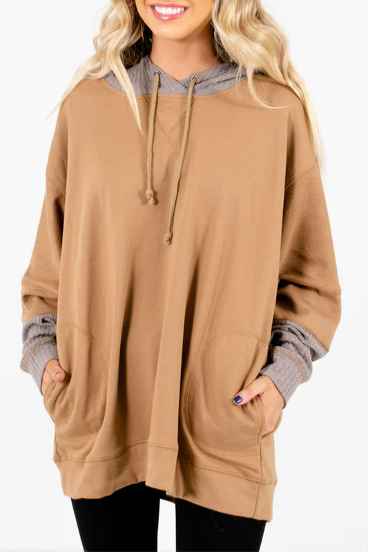 Contrast Hood Patchwork Pocketed Baggy Sweatshirt