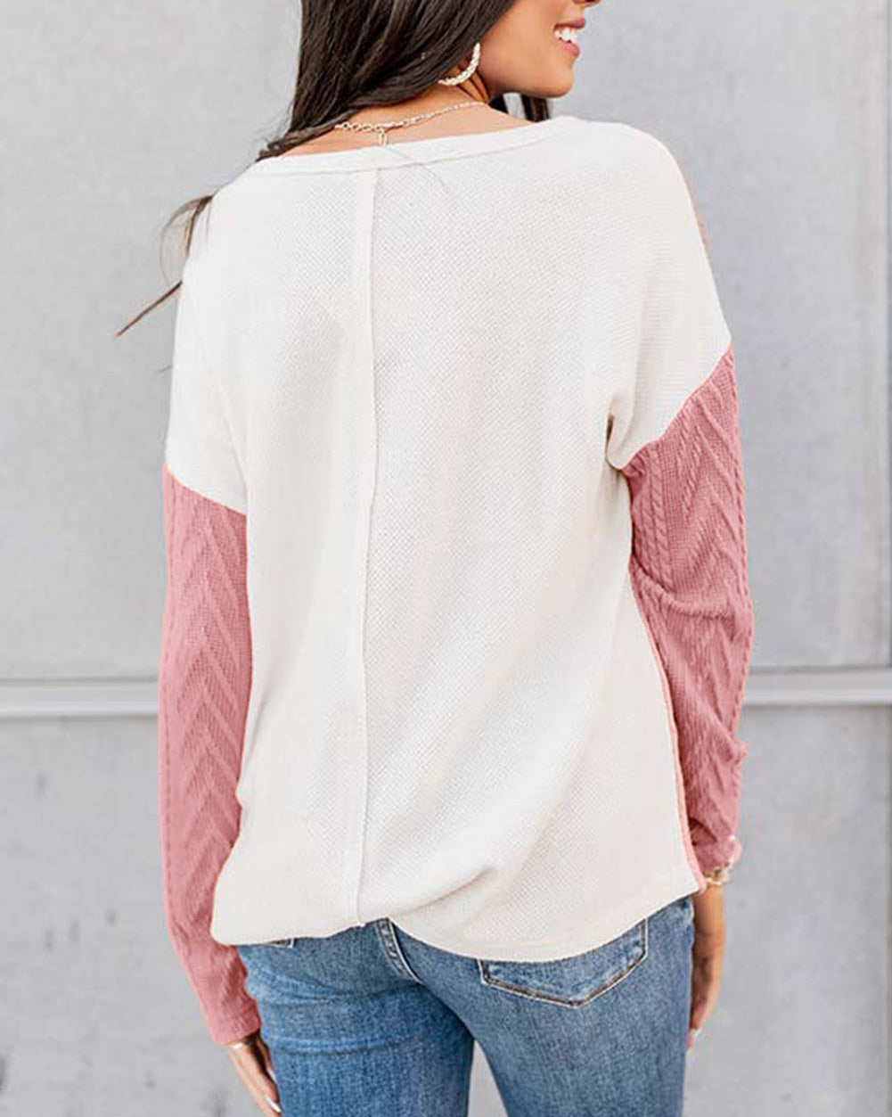 Long Sleeve Colorblock Chest Pocket Textured Knit Top