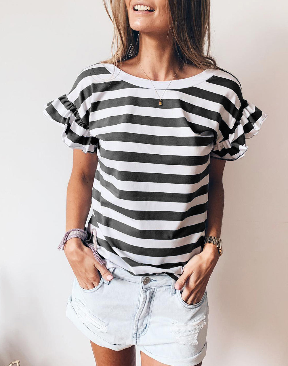 Striped V Neck Ruffle Sleeve Top