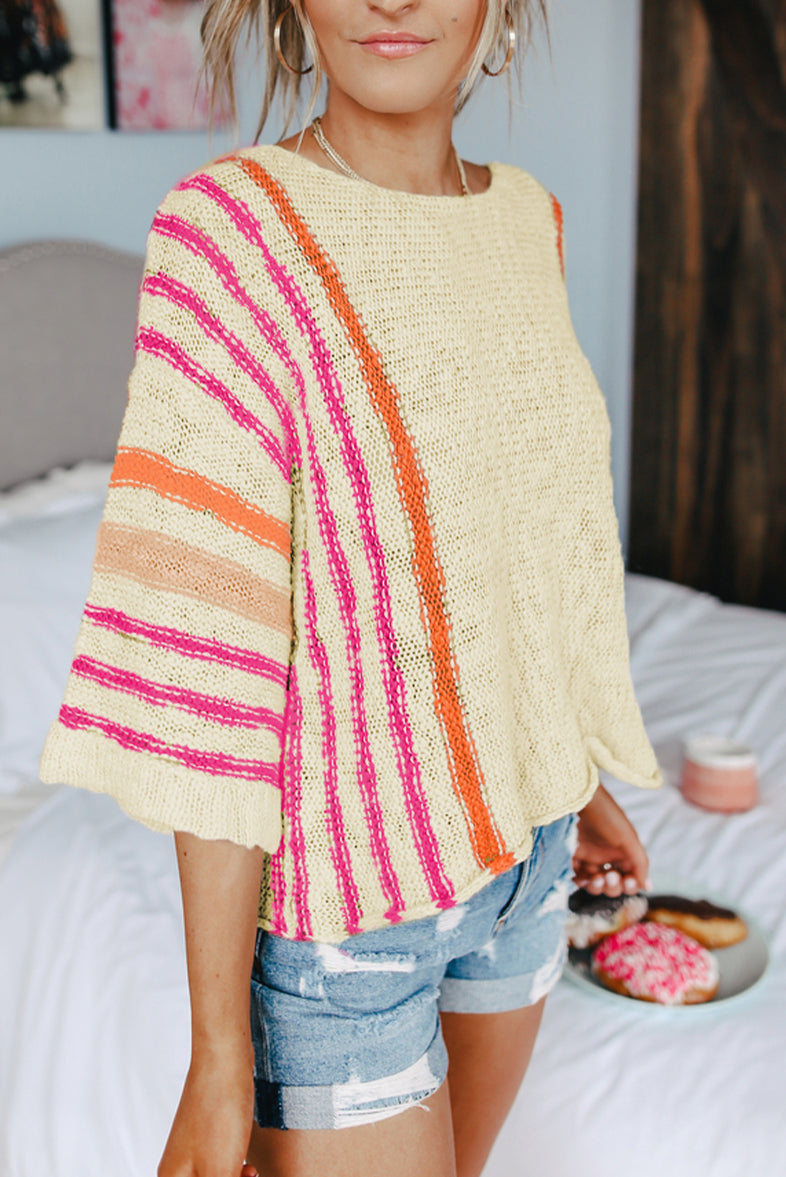 Striped Detail Wide Sleeve Lightweight Knitted Sweater
