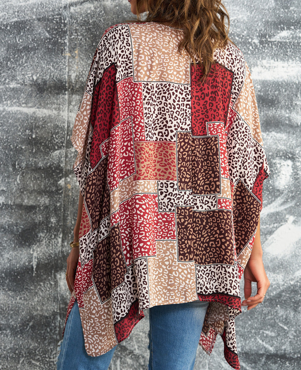 Leopard Color Block Open Front Kimono