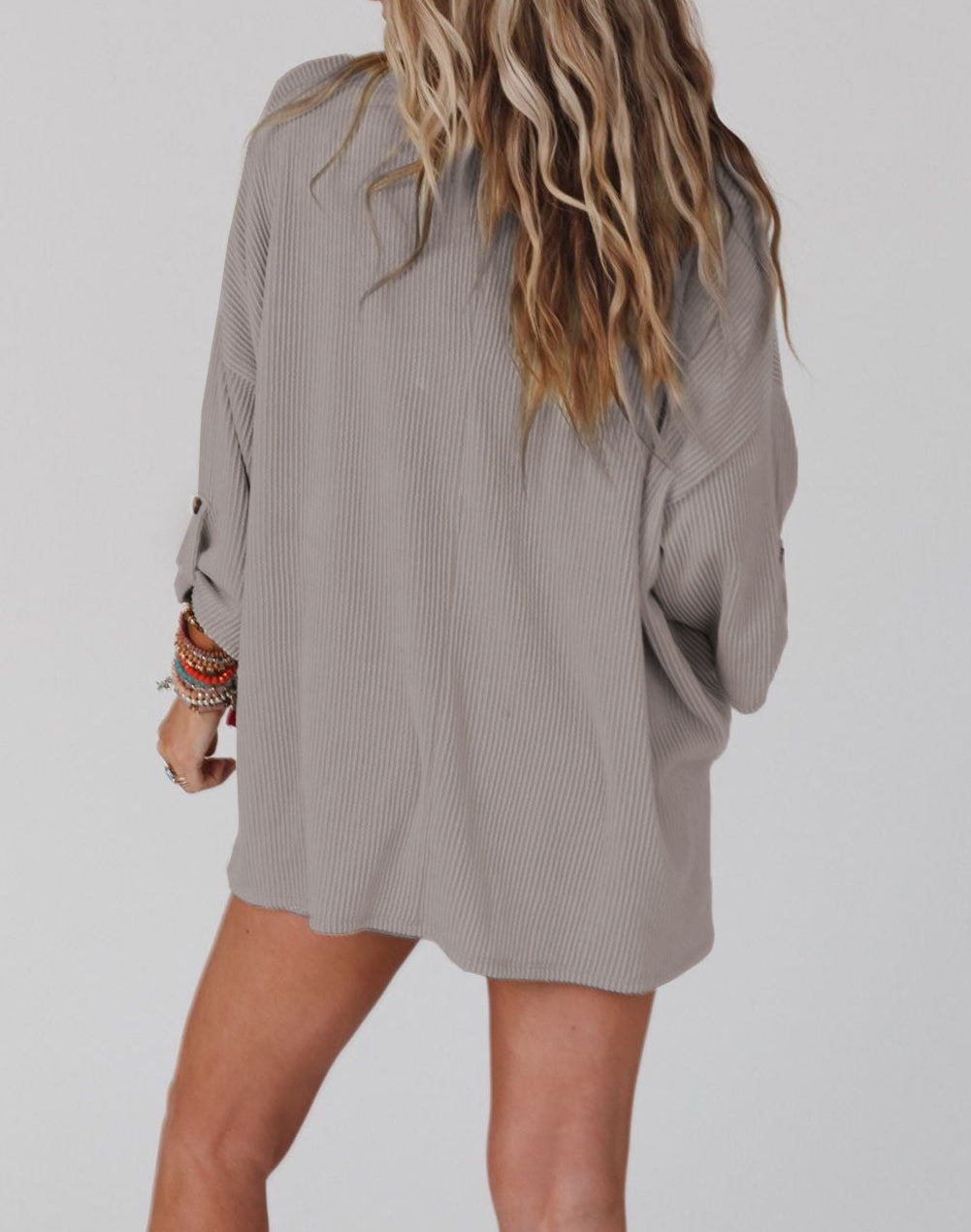Ribbed Roll-tab Sleeve Chest Pocket Oversize Top