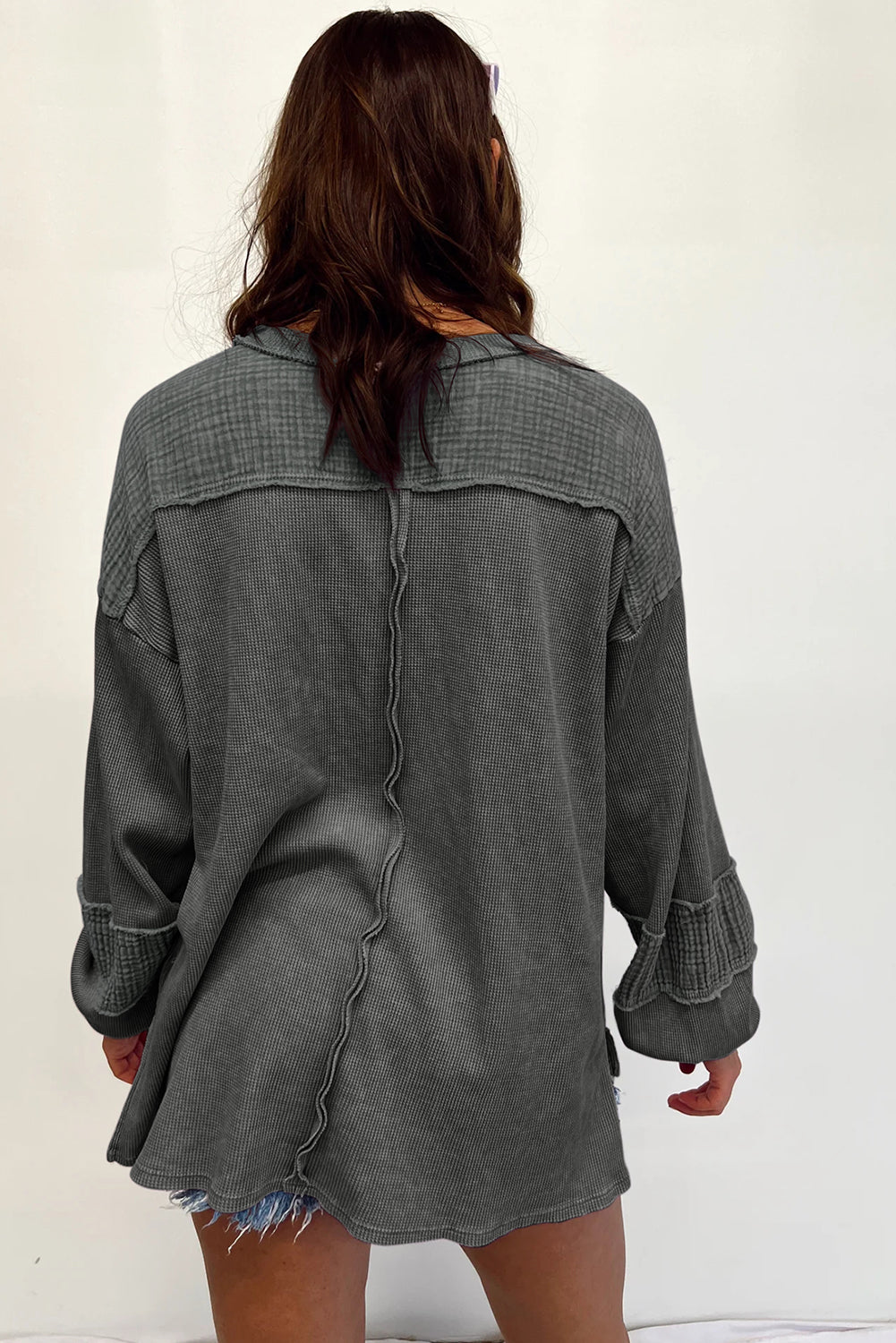 Exposed Seam Patchwork Bubble Sleeve Waffle Knit Top