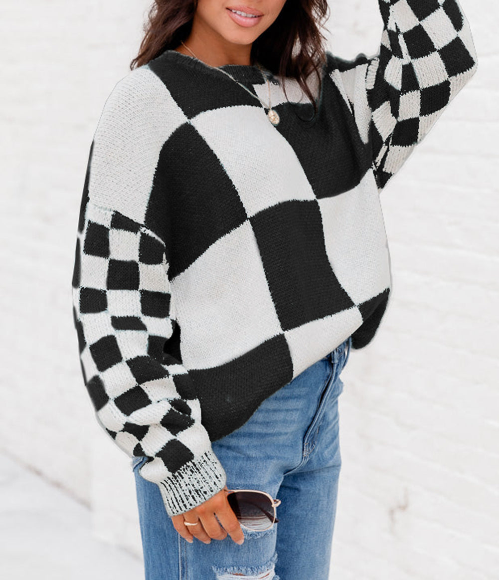Checkered Print Drop Shoulder Sweater