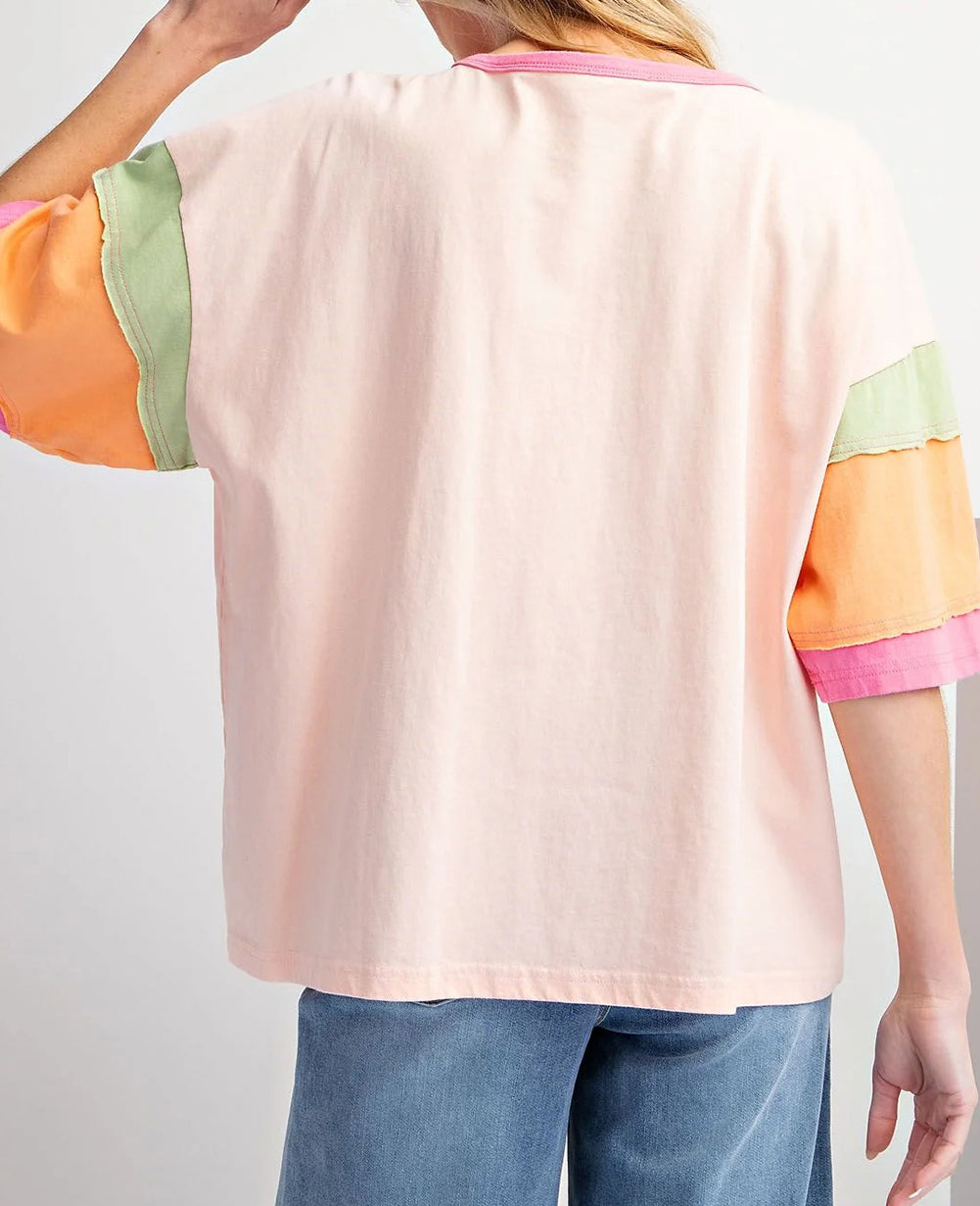 Sequin Disco Ball Color Block Sleeve Graphic Tee