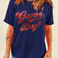 Glittering Game Day Graphic Cuffed Sleeve Crew Neck T Shirt