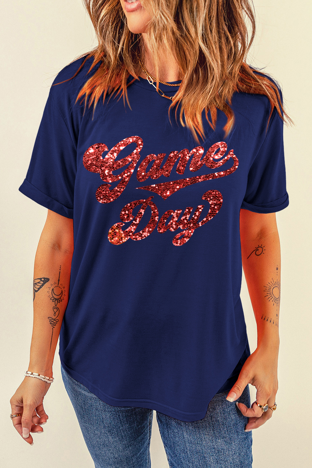 Glittering Game Day Graphic Cuffed Sleeve Crew Neck T Shirt