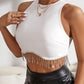 Rhinestone Fringe Zip Back Round Neck Cropped Tank Top