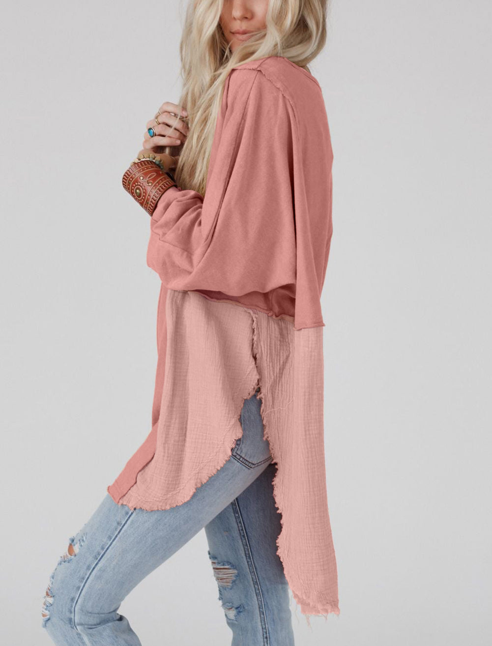 Crinkle Splicing Raw Hem High Low Oversized Blouse