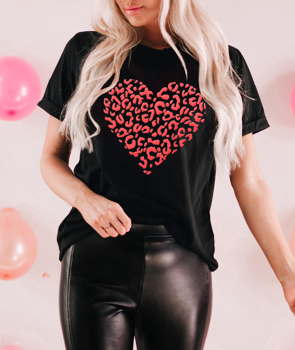 Leopard Heart Shaped Puff Print Crew Neck T Shirt