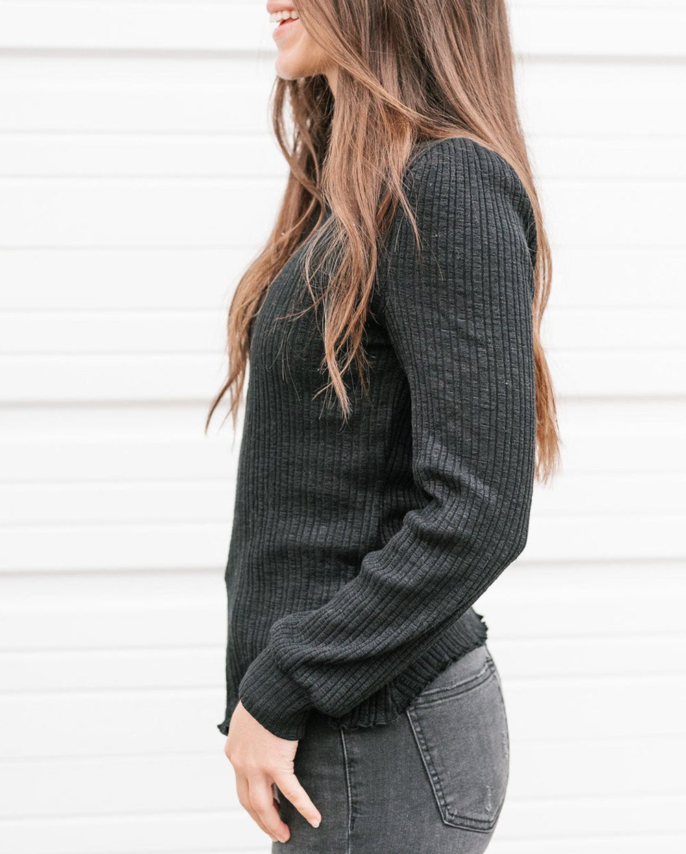 Solid Color Ruffled High Neck Long Sleeve Top