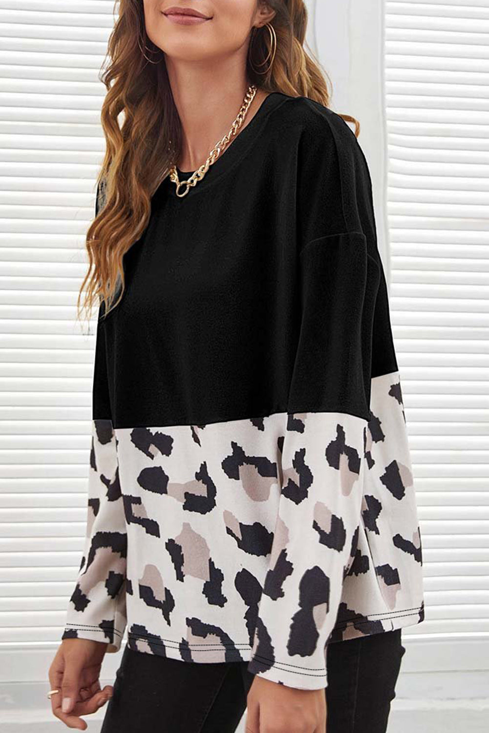 Leopard Color Block Long Sleeve Top