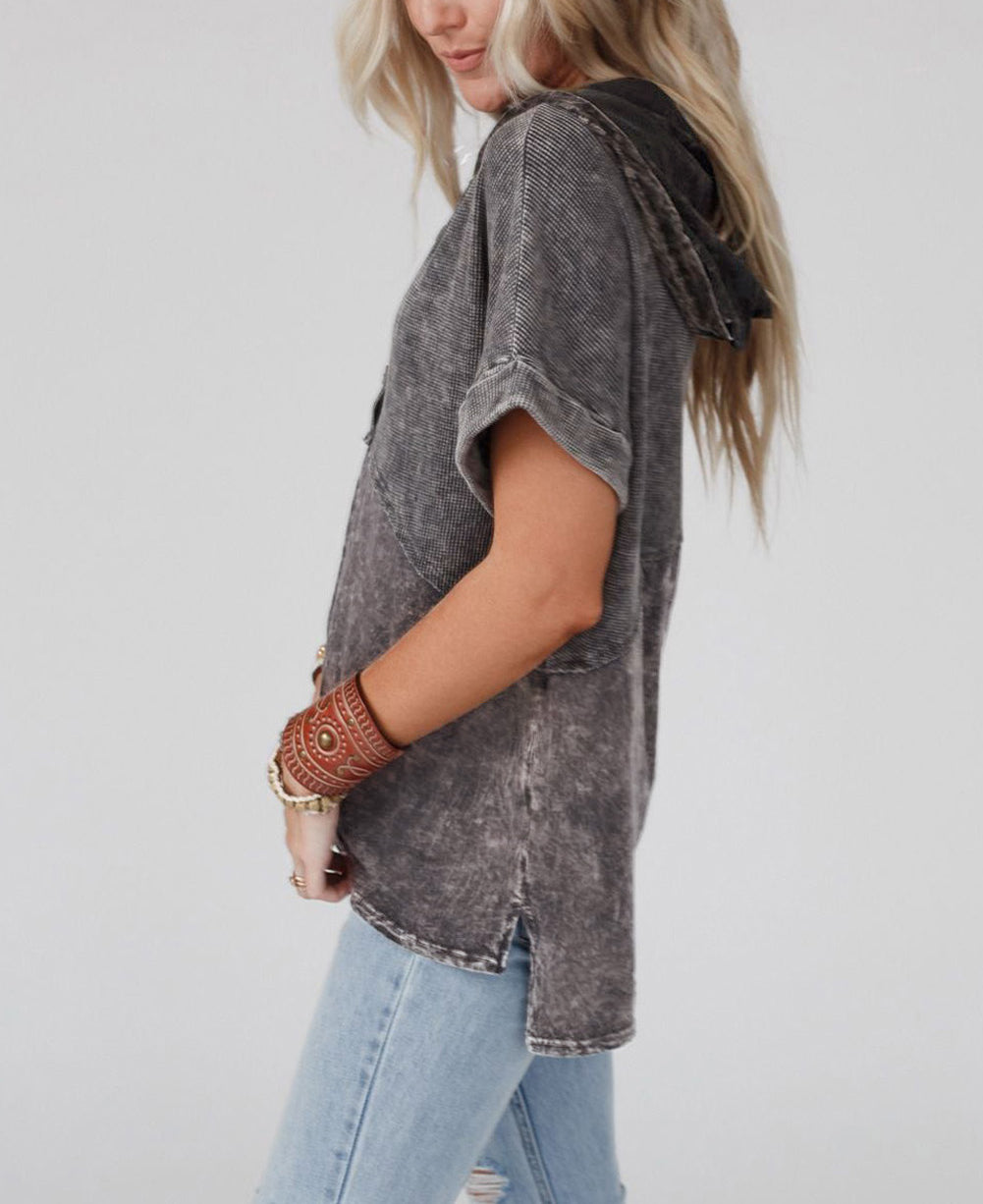 Waffle Knit Splicing Hooded Short Sleeve Top