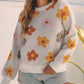 Sweet Flower Knitted Ribbed Hem Sweater