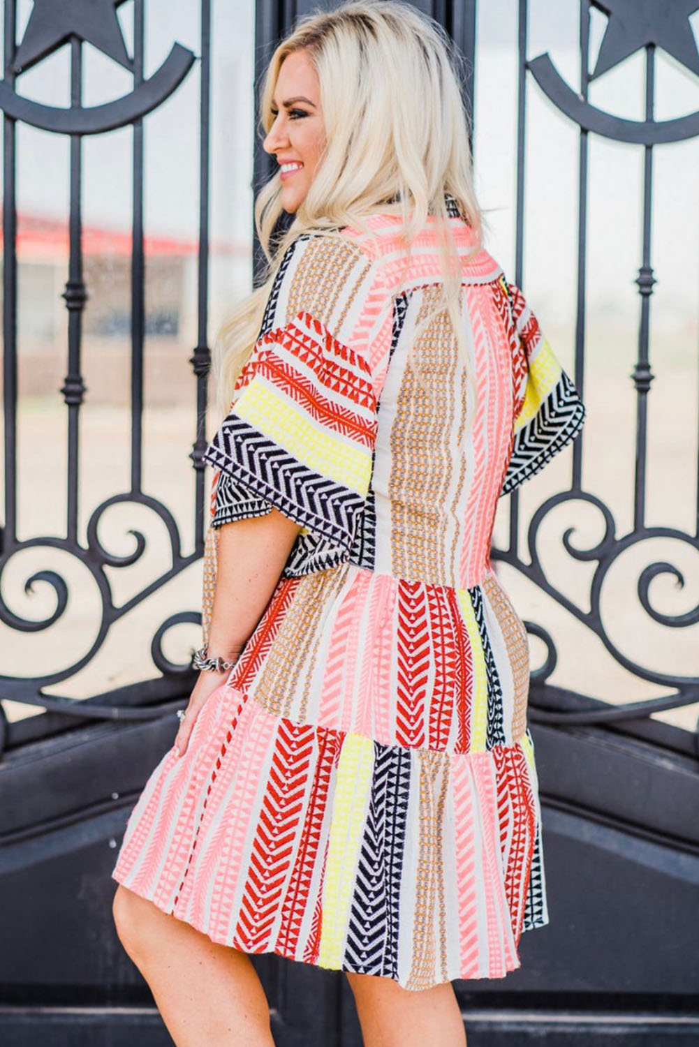 Plus Size Tribal Stripe Print Tiered Swing Dress