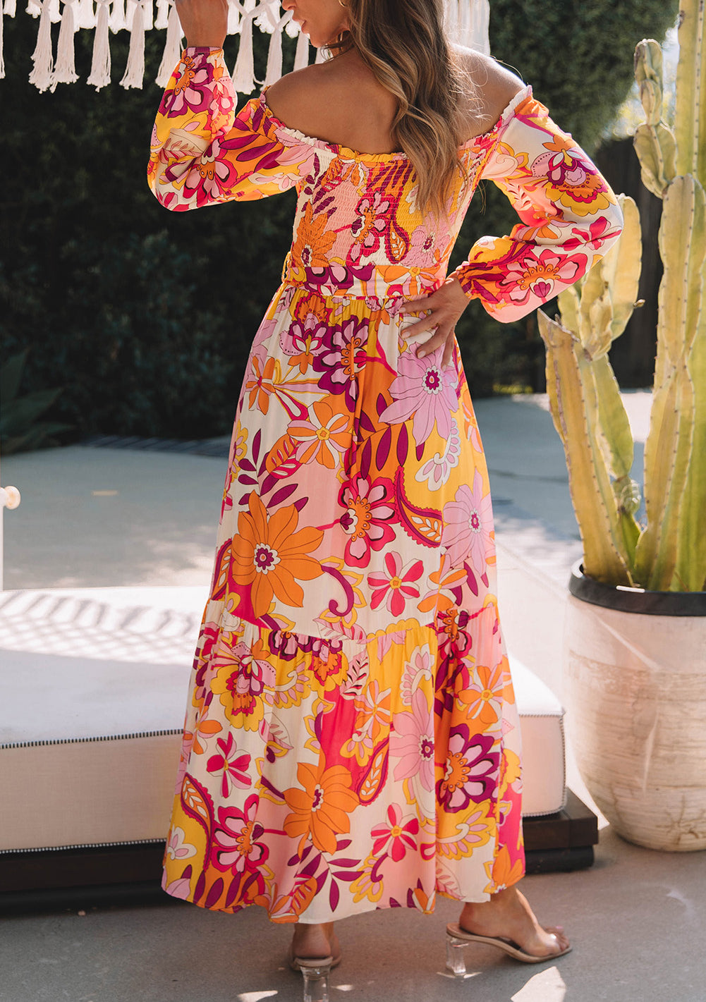 Boho Floral Smocked Off Shoulder Puff Sleeve Maxi Dress