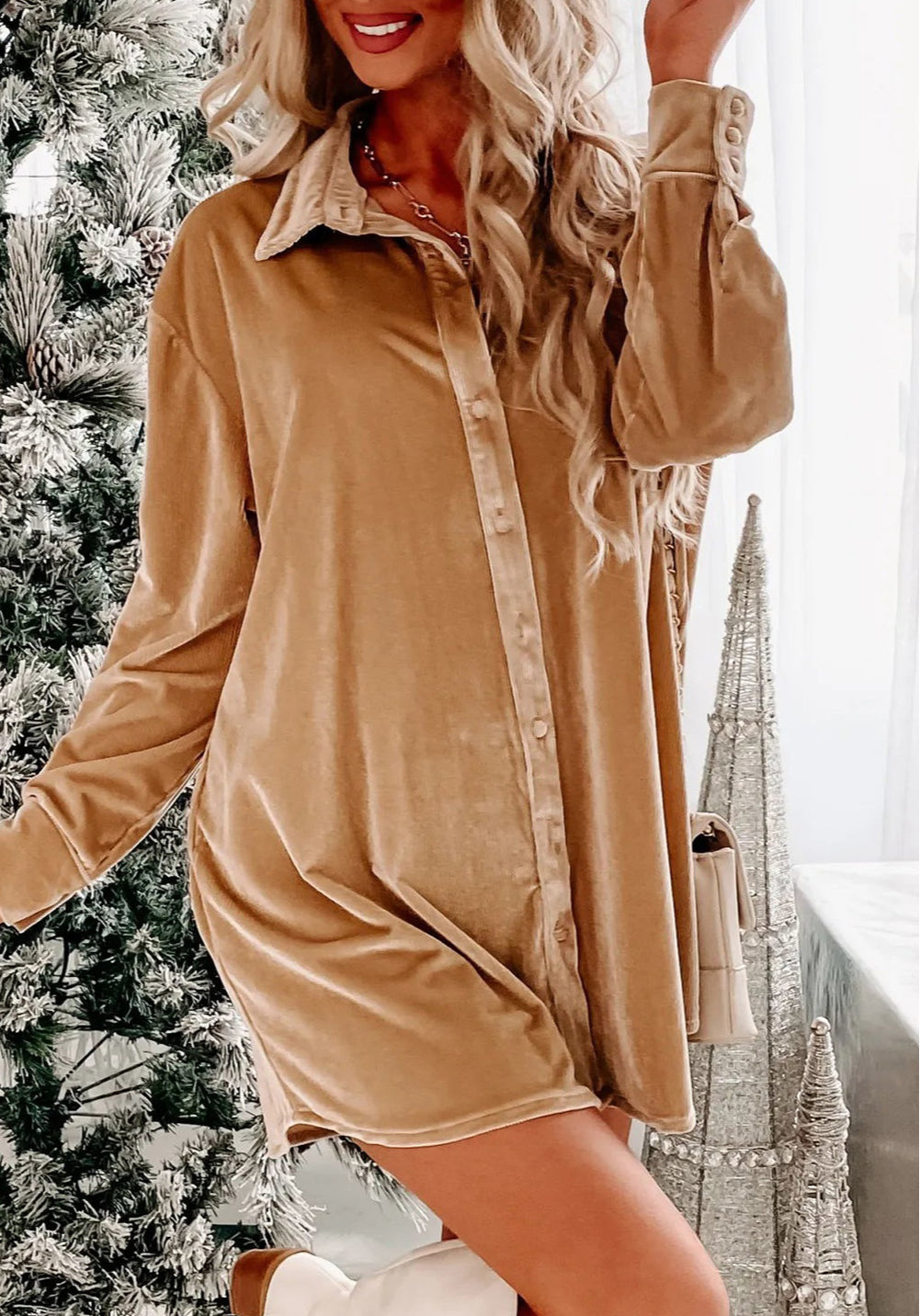 Velvet Button Front Shirt Mini Dress