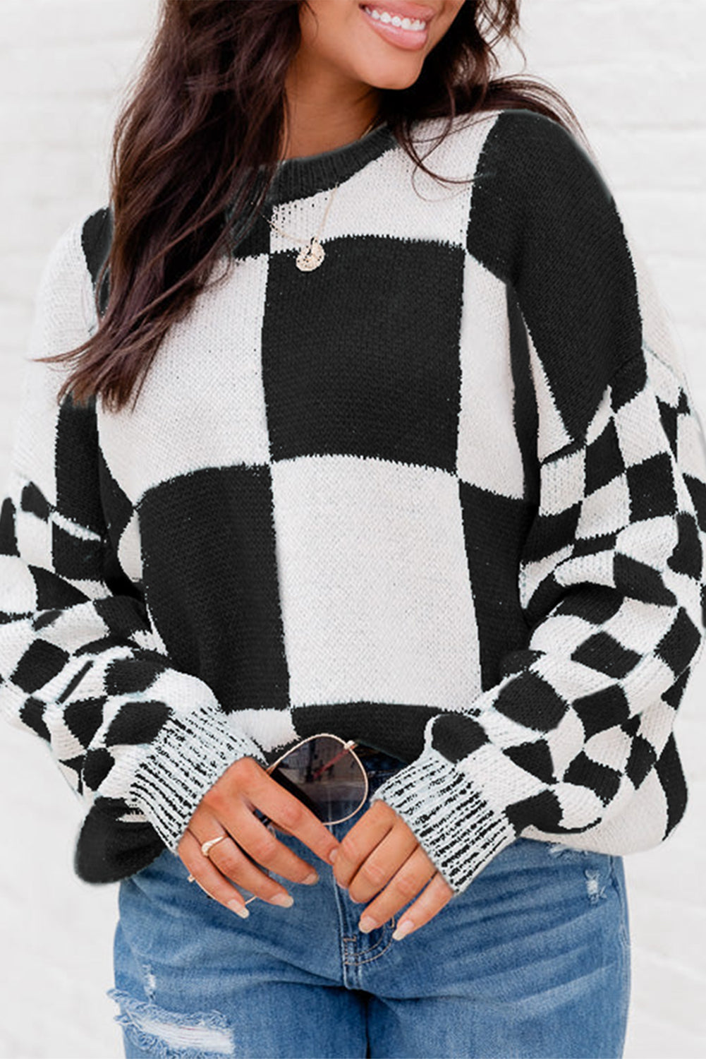 Checkered Print Drop Shoulder Sweater