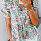 Notched Neck Puff Short Sleeve Floral Blouse