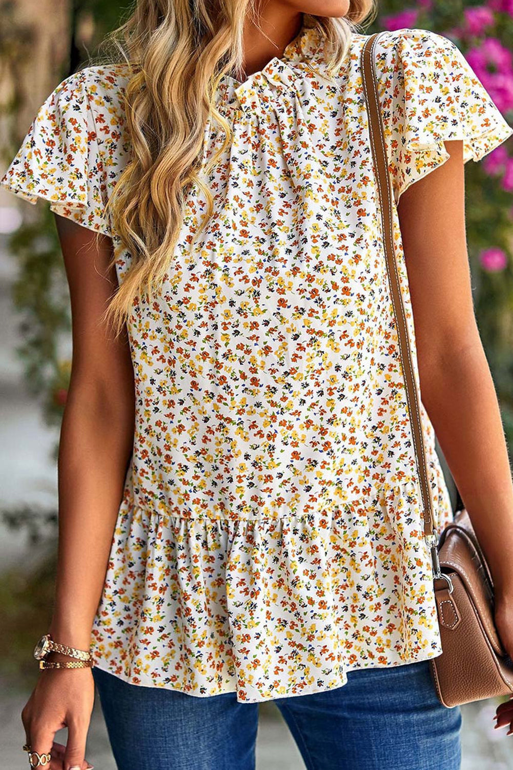 Floral Frilled Collar Ruffled Short Sleeve Blouse