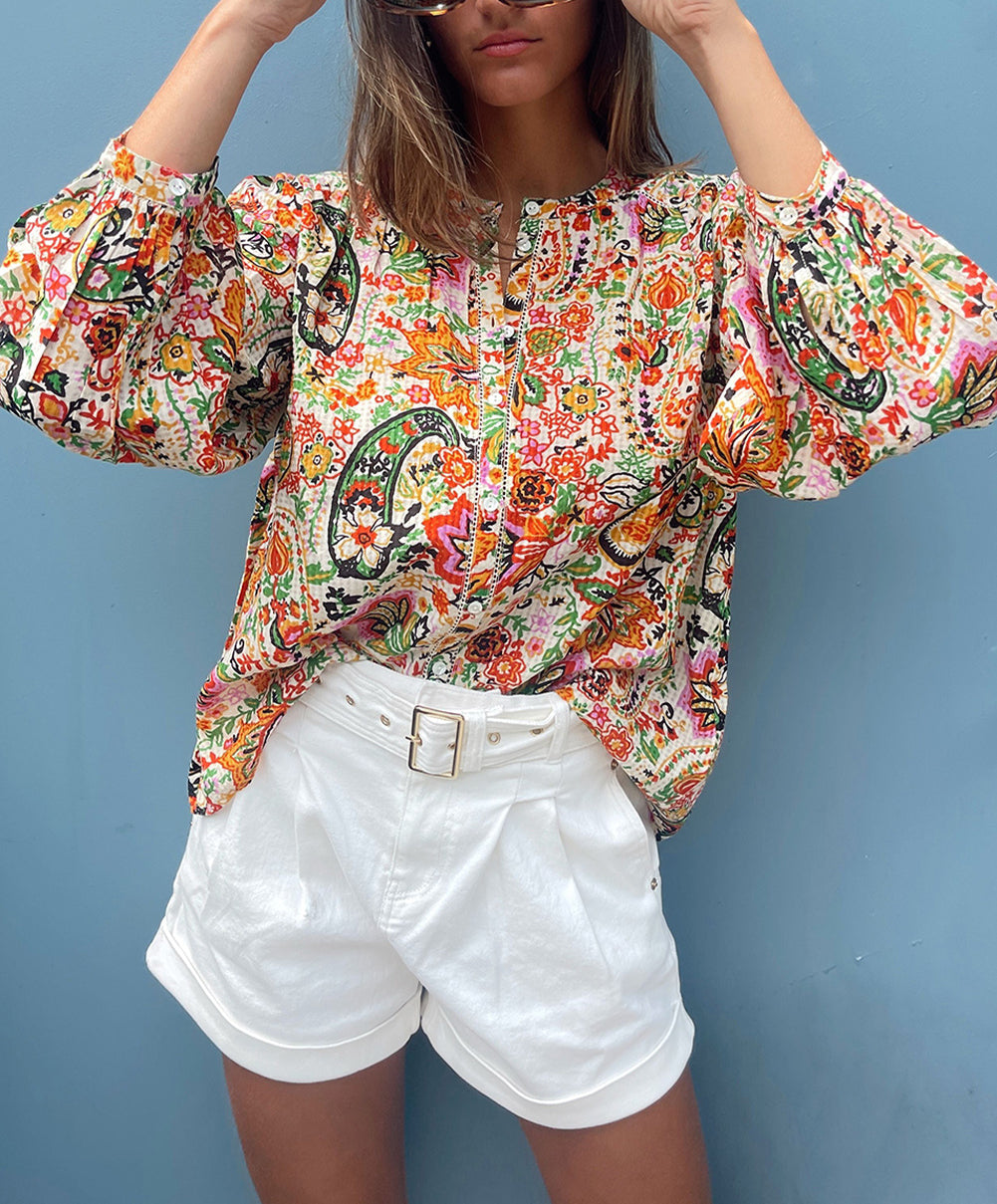 Floral Print Lace Splicing Button up Puff Sleeve Shirt
