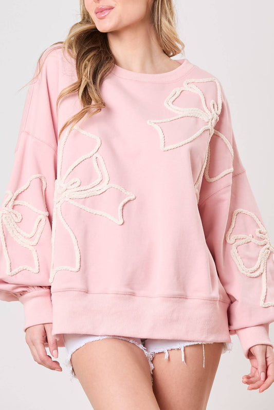 Bow Thread Embroidery Ribbed Edge Sweatshirt