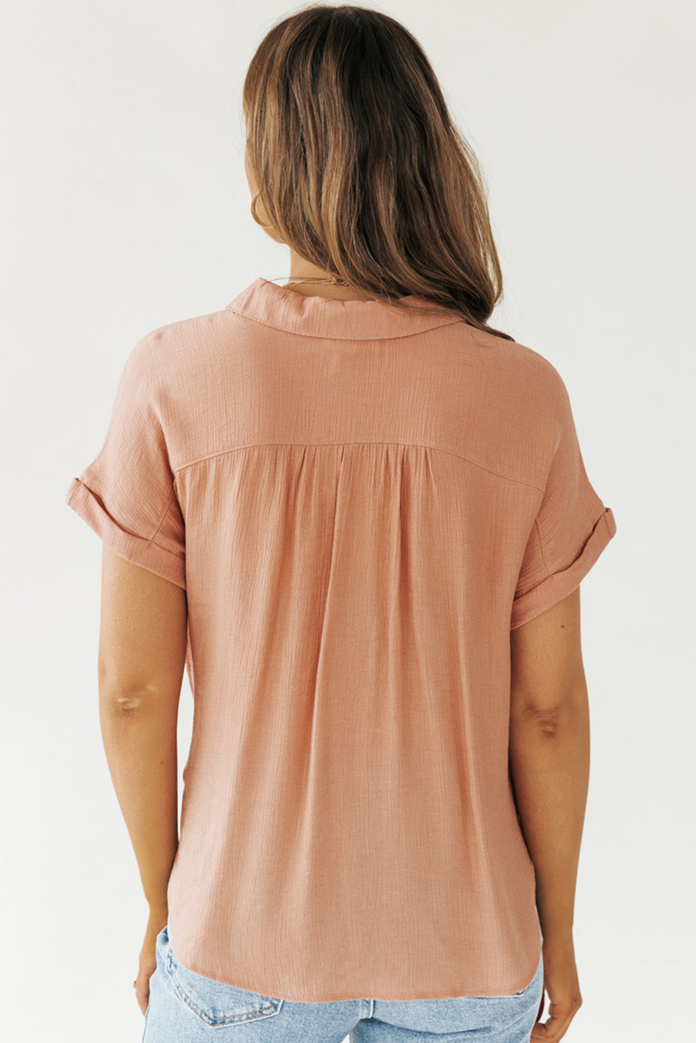 Crinkle Roll Short Sleeve Henley Button Blouse
