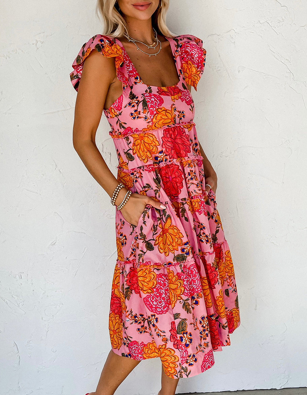 Floral Square Neck Ruffled Flutter Sleeve Tiered Midi Dress