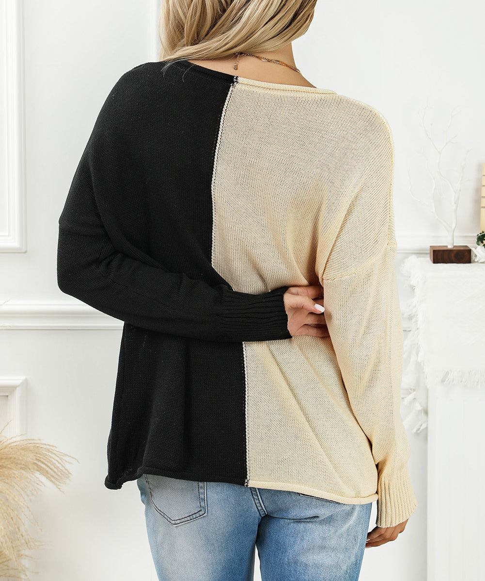 Khaki 2-tone Color Block Raw Edge V Neck Sweater