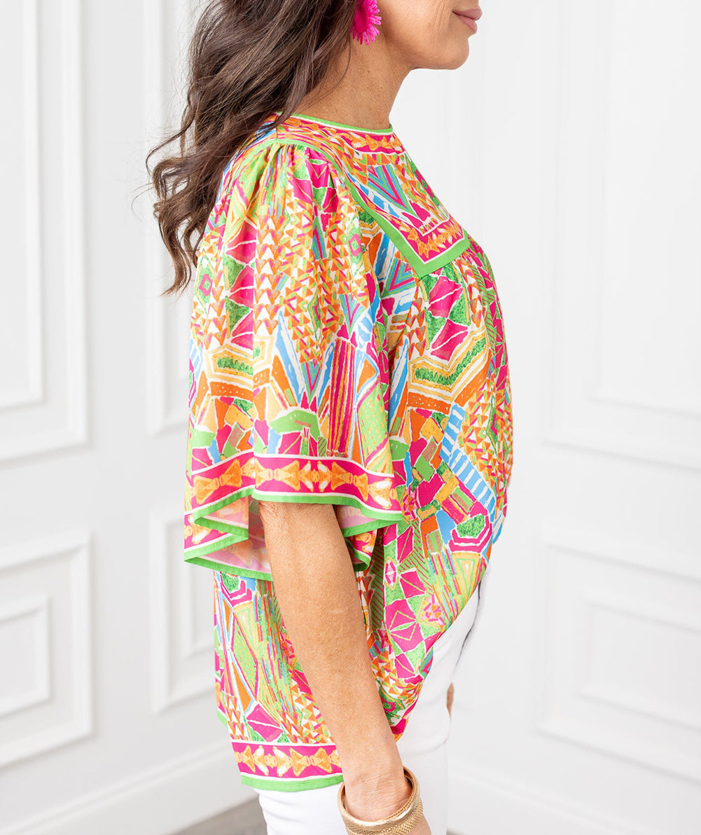 Geometric Print Bell Sleeve O Neck Babydoll Blouse