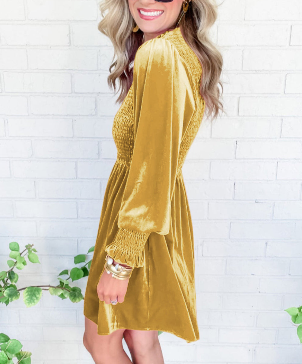 Frilled Neck Smocked Bodice Velvet Dress