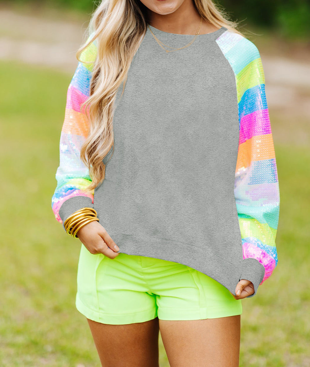 Sequin Color Block Raglan Sleeve Pullover Sweatshirt