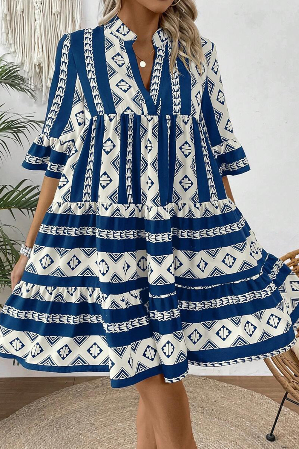 Geometric Print V Neck Ruffled Dress