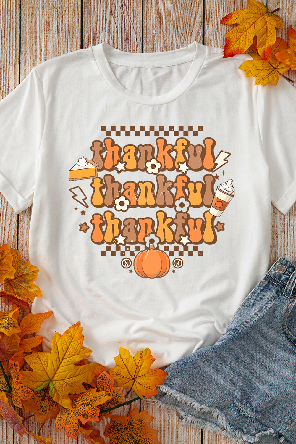 thankful Crew Neck Thanksgiving Graphic Tee