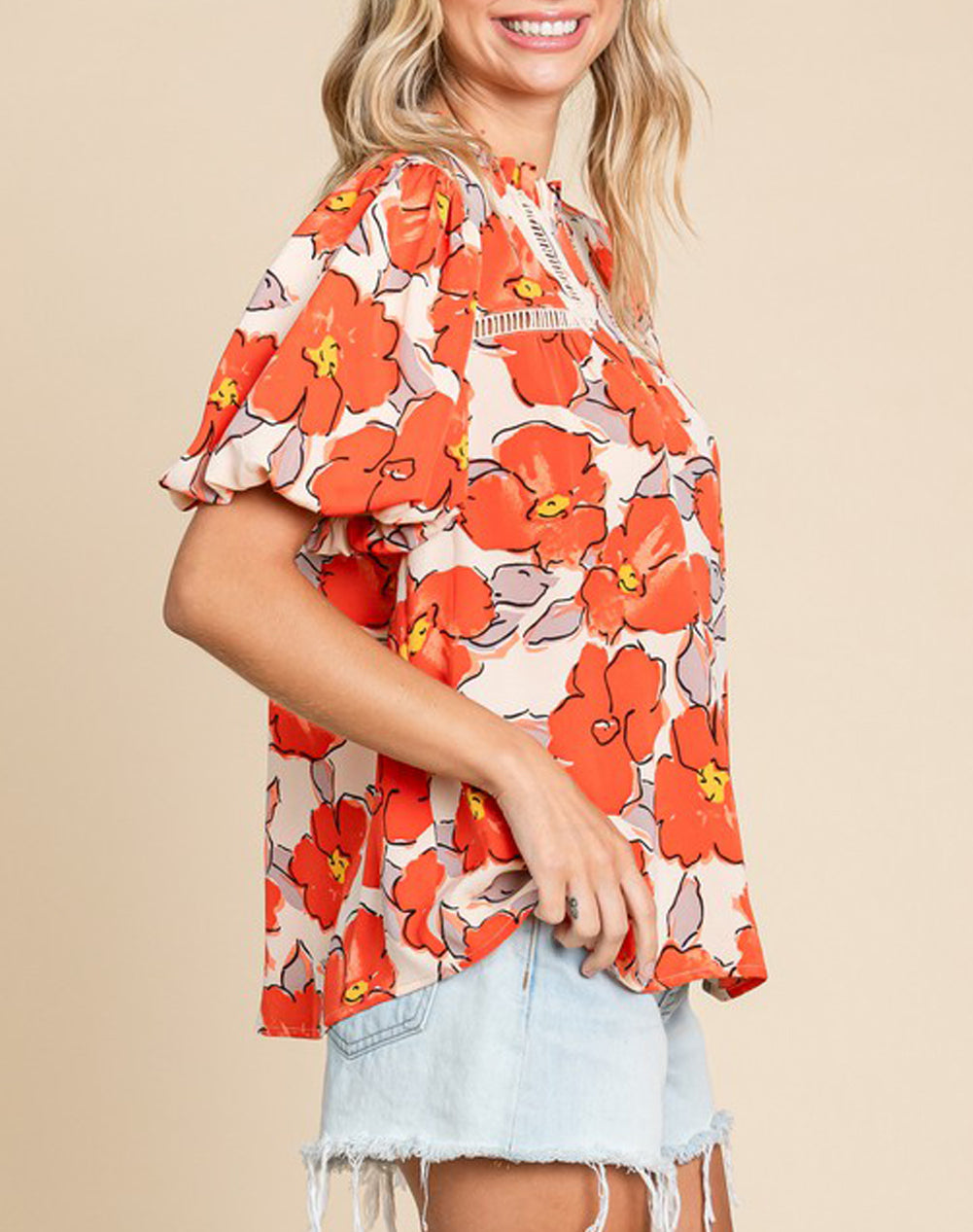Floral Bubble Sleeve Frill Neck Loose Blouse