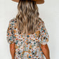 Split V Neck Puff Sleeve Flower Print Blouse