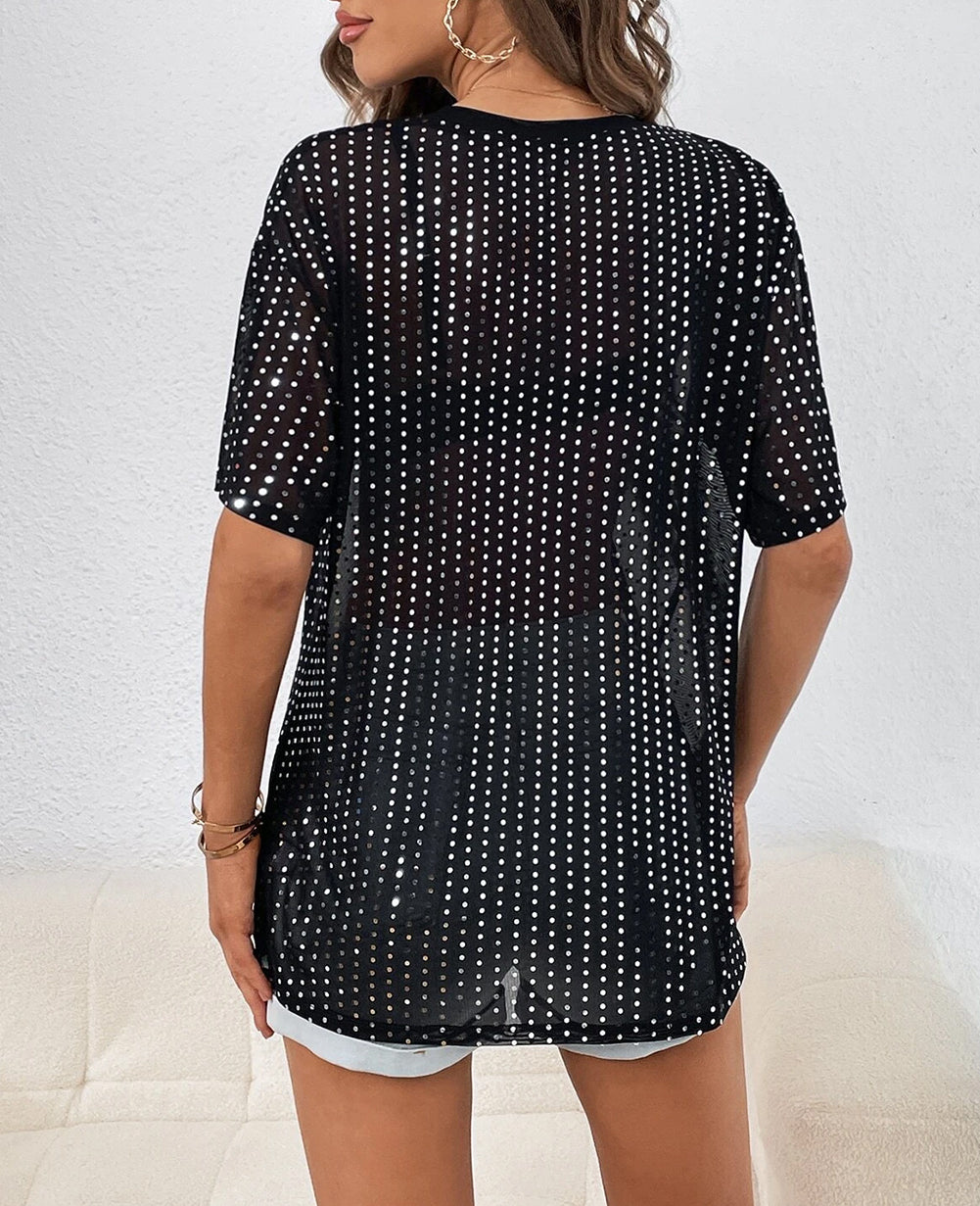 Sequin Drop Shoulder Sheer T-shirt